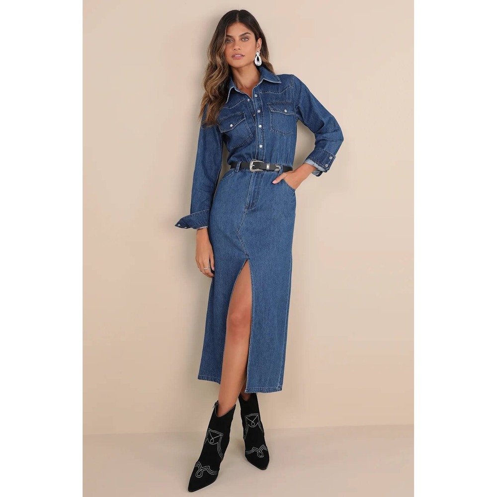 Steve Madden Dakoda Denim Midi Dress 10 Medium Blue Westerncore Rodeo Minimalist